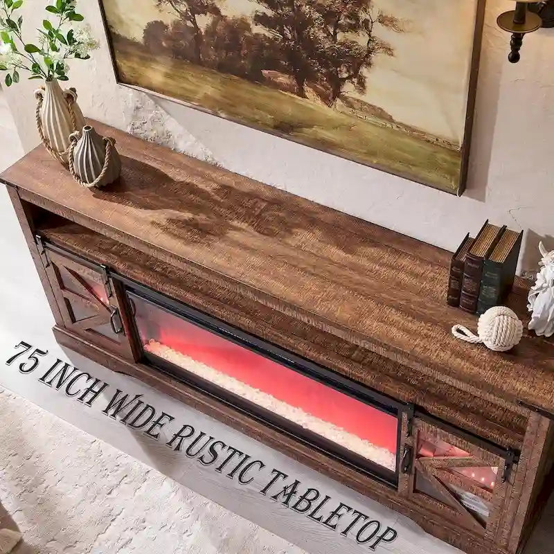 Farmhouse Fireplace TV Stand for 80 TV, Rustic Entertainment Center