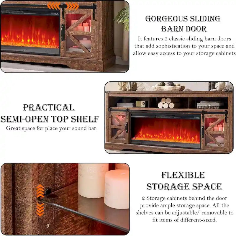 Farmhouse Fireplace TV Stand for 80 TV, Rustic Entertainment Center