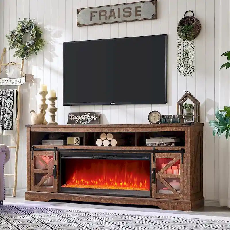 Farmhouse Fireplace TV Stand for 80 TV, Rustic Entertainment Center