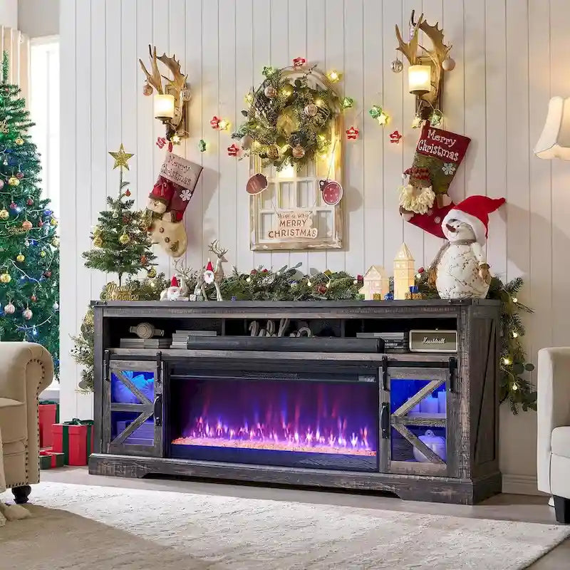 Farmhouse Fireplace TV Stand for 80 TV, Rustic Entertainment Center