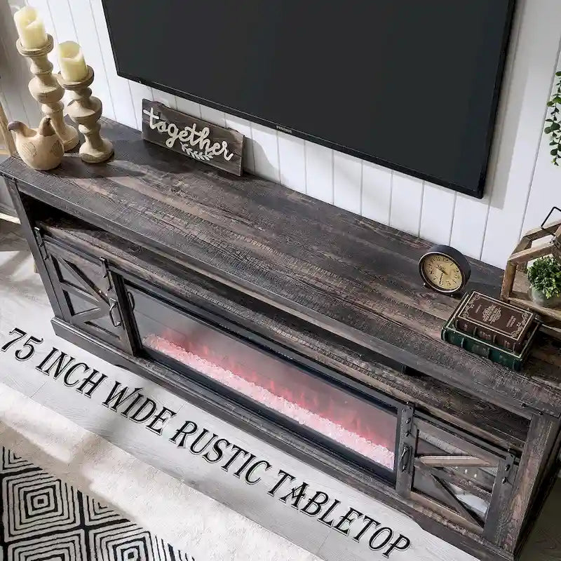 Farmhouse Fireplace TV Stand for 80 TV, Rustic Entertainment Center
