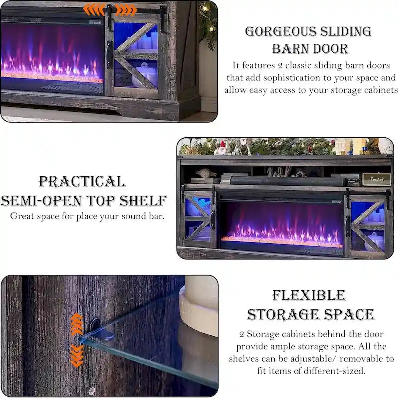 Farmhouse Fireplace TV Stand for 80 TV, Rustic Entertainment Center