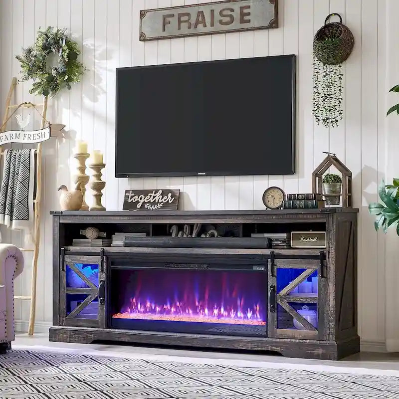 Farmhouse Fireplace TV Stand for 80 TV, Rustic Entertainment Center
