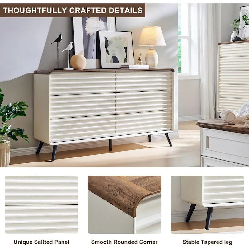 Mid Century Modern 6 Drawers Dresser, Wood Fluted Chest of Drawers