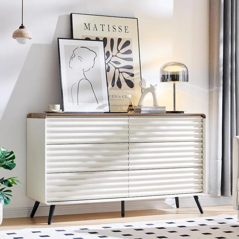 Mid Century Modern 6 Drawers Dresser, Wood Fluted Chest of Drawers