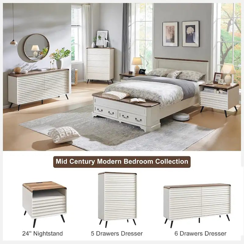 Mid Century Modern 6 Drawers Dresser, Wood Fluted Chest of Drawers