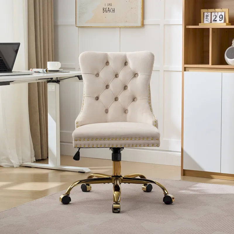 A&A Gray Velvet Tufted Home Office Chair with Golden Metal Base - Adjustable Swivel Desk Chair