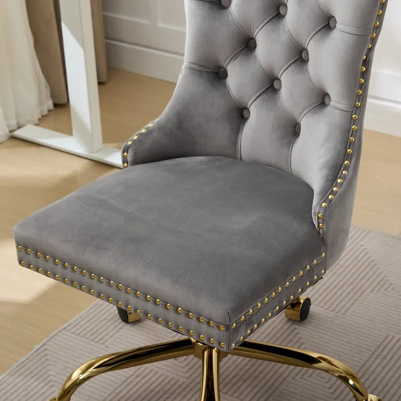 A&A Gray Velvet Tufted Home Office Chair with Golden Metal Base - Adjustable Swivel Desk Chair