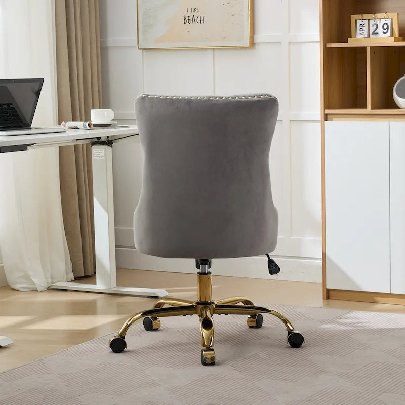 A&A Gray Velvet Tufted Home Office Chair with Golden Metal Base - Adjustable Swivel Desk Chair