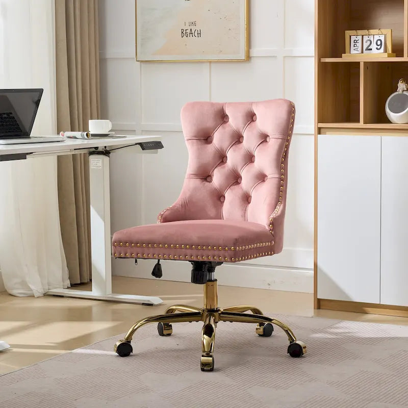 A&A Gray Velvet Tufted Home Office Chair with Golden Metal Base - Adjustable Swivel Desk Chair