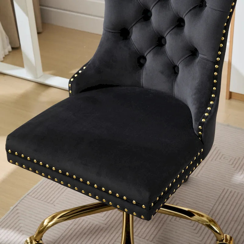 A&A Gray Velvet Tufted Home Office Chair with Golden Metal Base - Adjustable Swivel Desk Chair