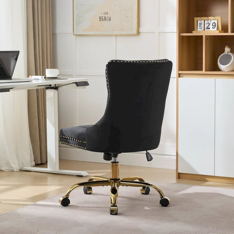 A&A Gray Velvet Tufted Home Office Chair with Golden Metal Base - Adjustable Swivel Desk Chair