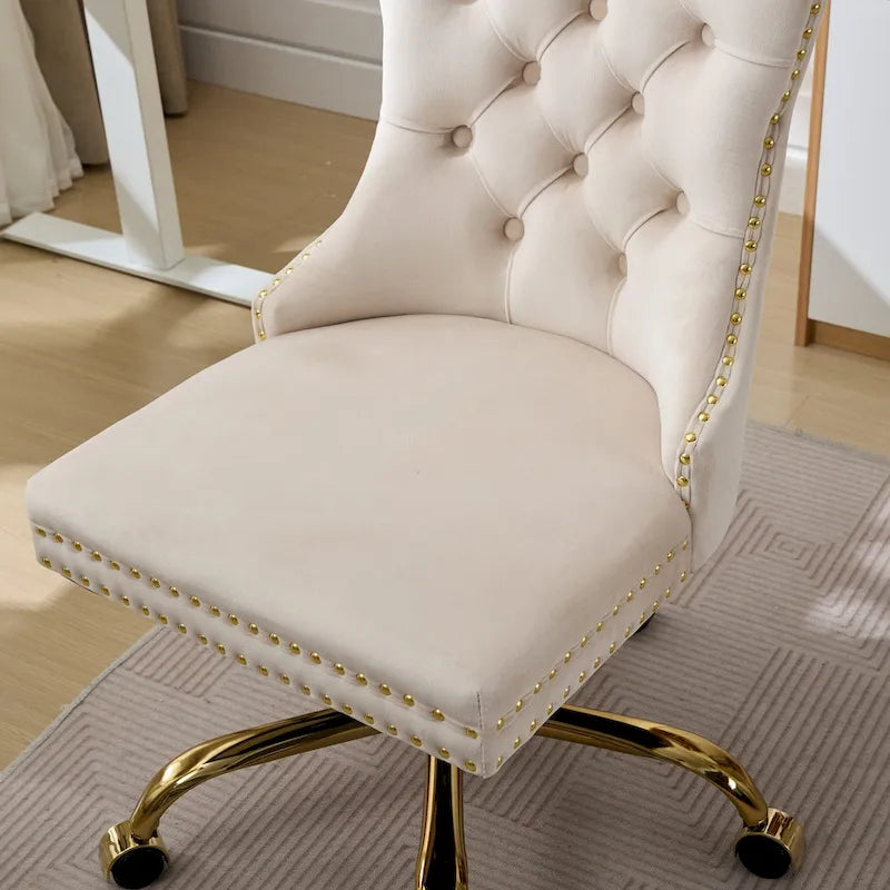 A&A Gray Velvet Tufted Home Office Chair with Golden Metal Base - Adjustable Swivel Desk Chair