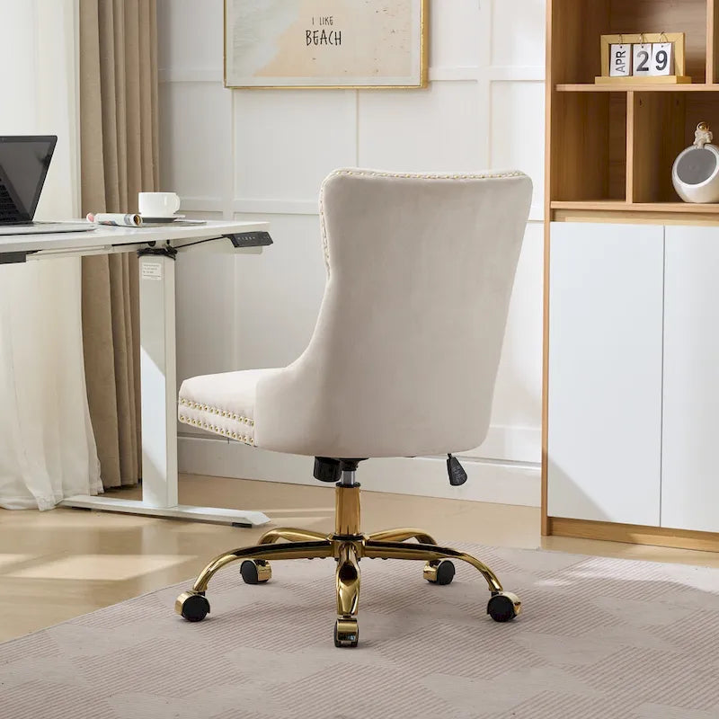 A&A Gray Velvet Tufted Home Office Chair with Golden Metal Base - Adjustable Swivel Desk Chair