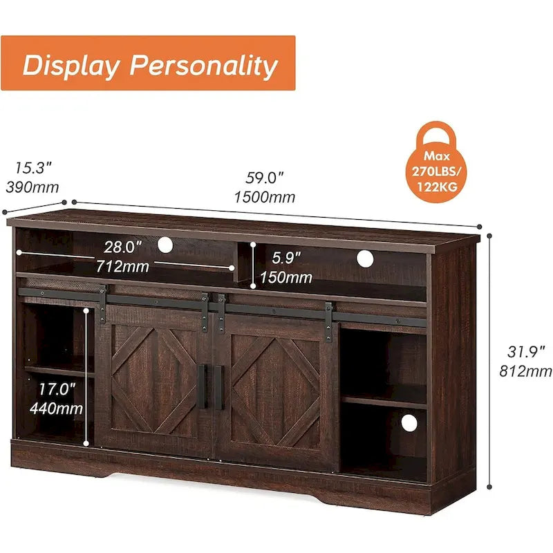 TV Stand for 65 70 Inch TV, Farmhouse Entertainment Center with 2 Sliding Barn Door,Rustic Brown - 59
