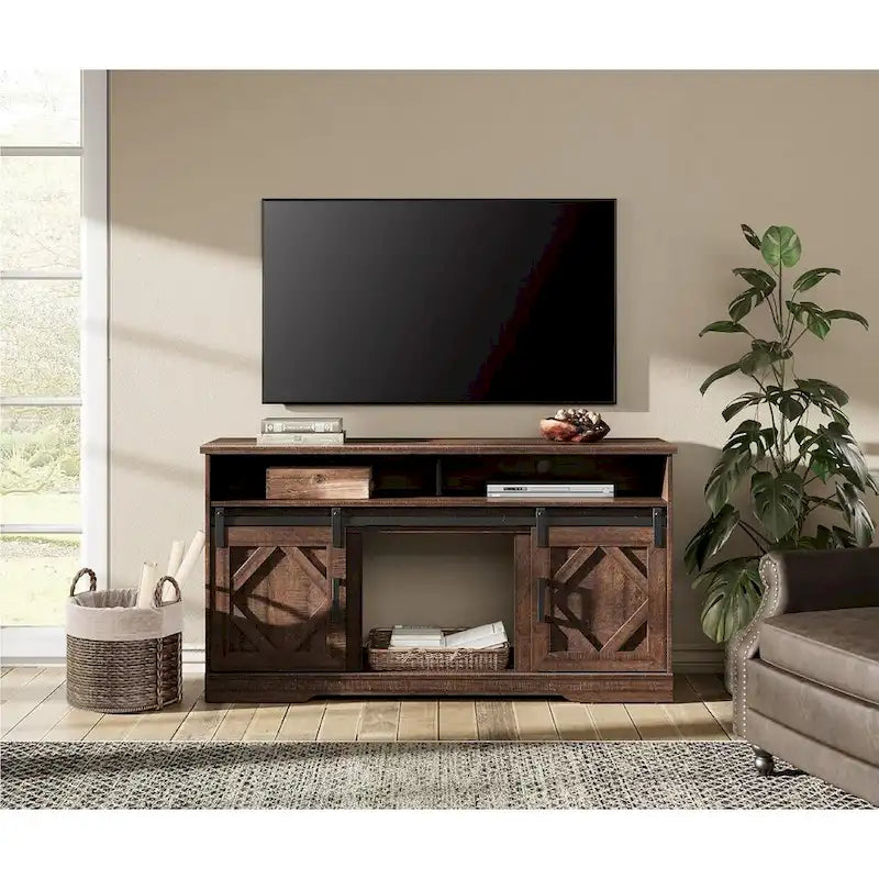 TV Stand for 65 70 Inch TV, Farmhouse Entertainment Center with 2 Sliding Barn Door,Rustic Brown - 59