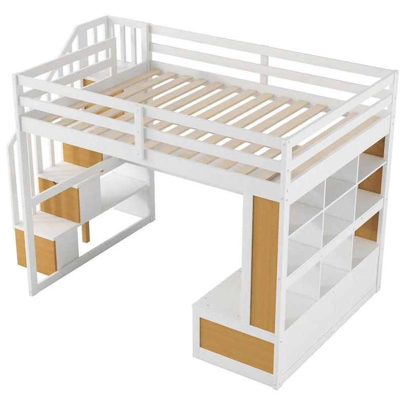 Full Size Loft Bed with Desk and Shelves,Two Drawers,Storage Staircase
