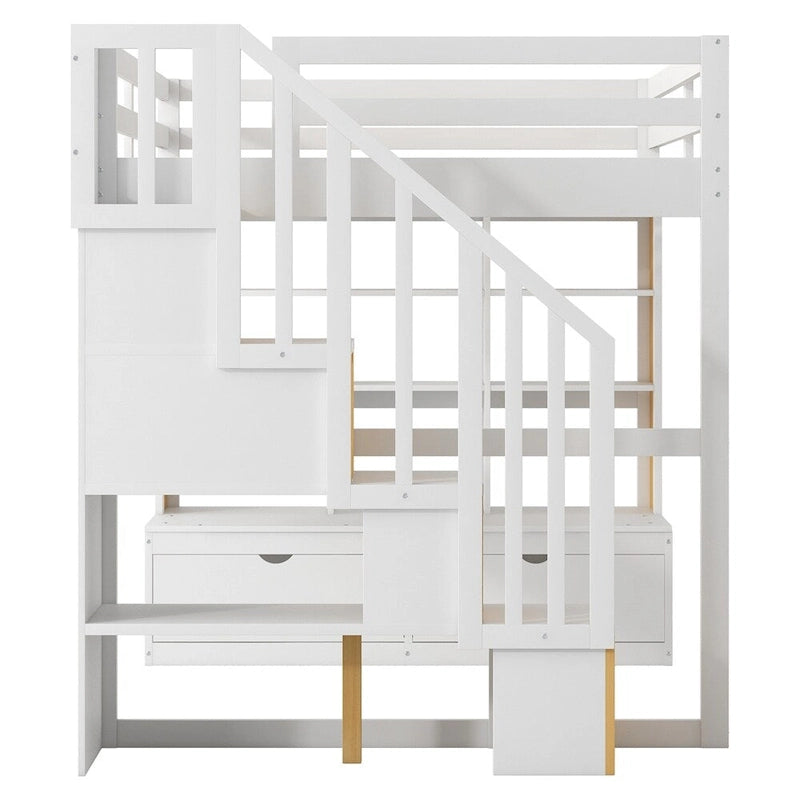 Full Size Loft Bed with Desk and Shelves,Two Drawers,Storage Staircase