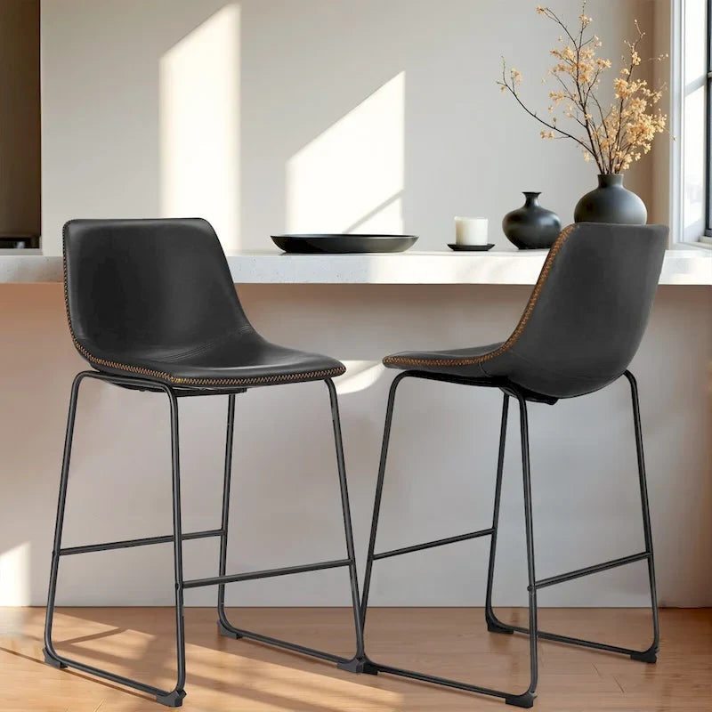 Classic Faux Leather 26 Inch Counter Height Bar Stools Set of 2 with Back and Metal Leg for Kitchen lsland