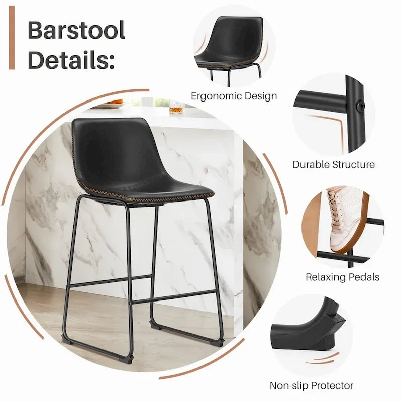 Classic Faux Leather 26 Inch Counter Height Bar Stools Set of 2 with Back and Metal Leg for Kitchen lsland