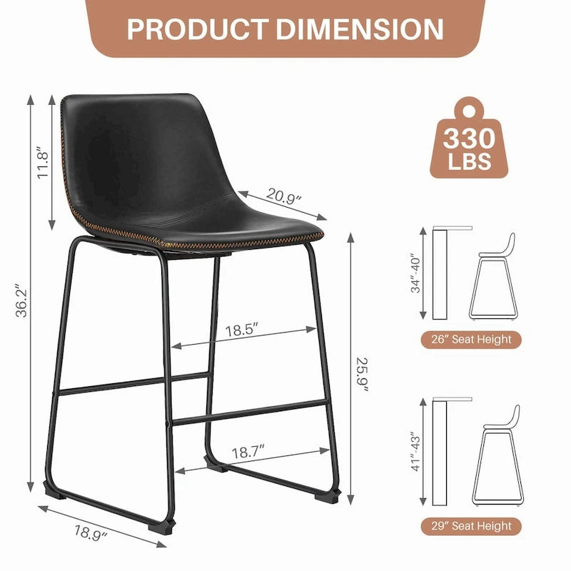 Classic Faux Leather 26 Inch Counter Height Bar Stools Set of 2 with Back and Metal Leg for Kitchen lsland