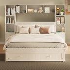 Pine Wood Platform Bed with 2 All-in-one Nightstand, Bookcase Cabinet and 2 Charging Stations, 3 Drawers, Captain Bed Frame