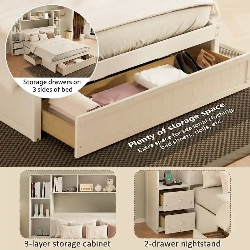 Pine Wood Platform Bed with 2 All-in-one Nightstand, Bookcase Cabinet and 2 Charging Stations, 3 Drawers, Captain Bed Frame