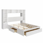 Pine Wood Platform Bed with 2 All-in-one Nightstand, Bookcase Cabinet and 2 Charging Stations, 3 Drawers, Captain Bed Frame