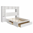 Pine Wood Platform Bed with 2 All-in-one Nightstand, Bookcase Cabinet and 2 Charging Stations, 3 Drawers, Captain Bed Frame