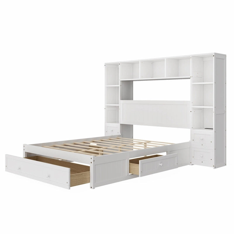 Pine Wood Platform Bed with 2 All-in-one Nightstand, Bookcase Cabinet and 2 Charging Stations, 3 Drawers, Captain Bed Frame