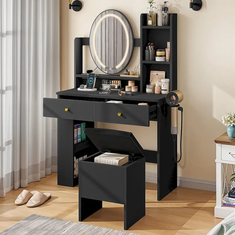 Moasis Makeup Vanity Set With Storage Ottoman and LED Lighted Mirror & Charge Station