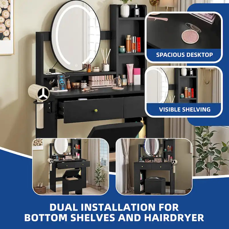 Moasis Makeup Vanity Set With Storage Ottoman and LED Lighted Mirror & Charge Station