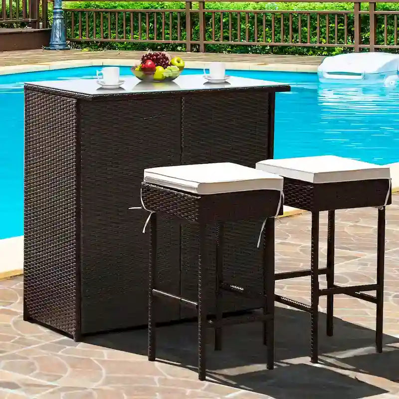 Costway 3PCS Patio Rattan Wicker Bar Table Stools Dining Set Cushioned