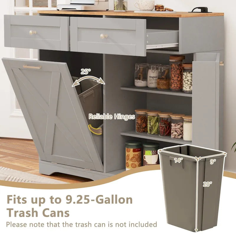 Gymax Tilt Out Trash Can Cabinet w/ Outlets 2 Drawers Adjustable Shelf