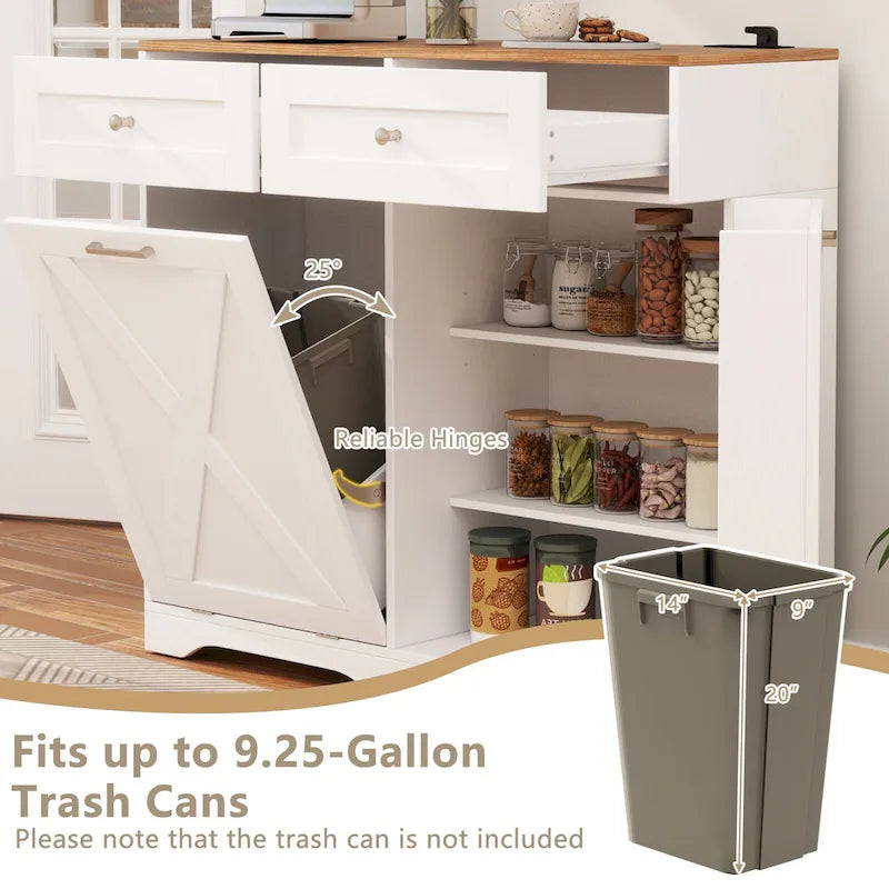 Gymax Tilt Out Trash Can Cabinet w/ Outlets 2 Drawers Adjustable Shelf