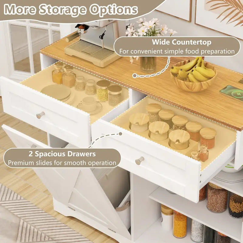 Gymax Tilt Out Trash Can Cabinet w/ Outlets 2 Drawers Adjustable Shelf