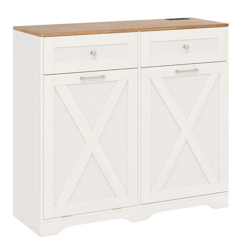 Gymax Tilt Out Trash Can Cabinet w/ Outlets 2 Drawers Adjustable Shelf