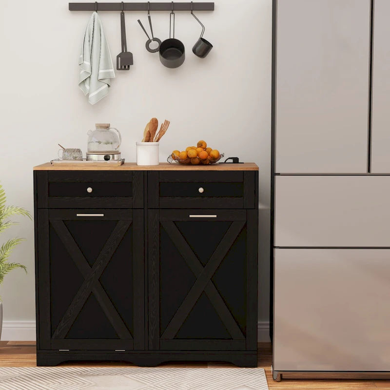 Gymax Tilt Out Trash Can Cabinet w/ Outlets 2 Drawers Adjustable Shelf