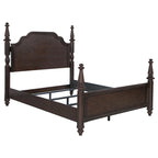 Meon King Poster Bed, Carved Headboard, Dark Oak Brown Wood