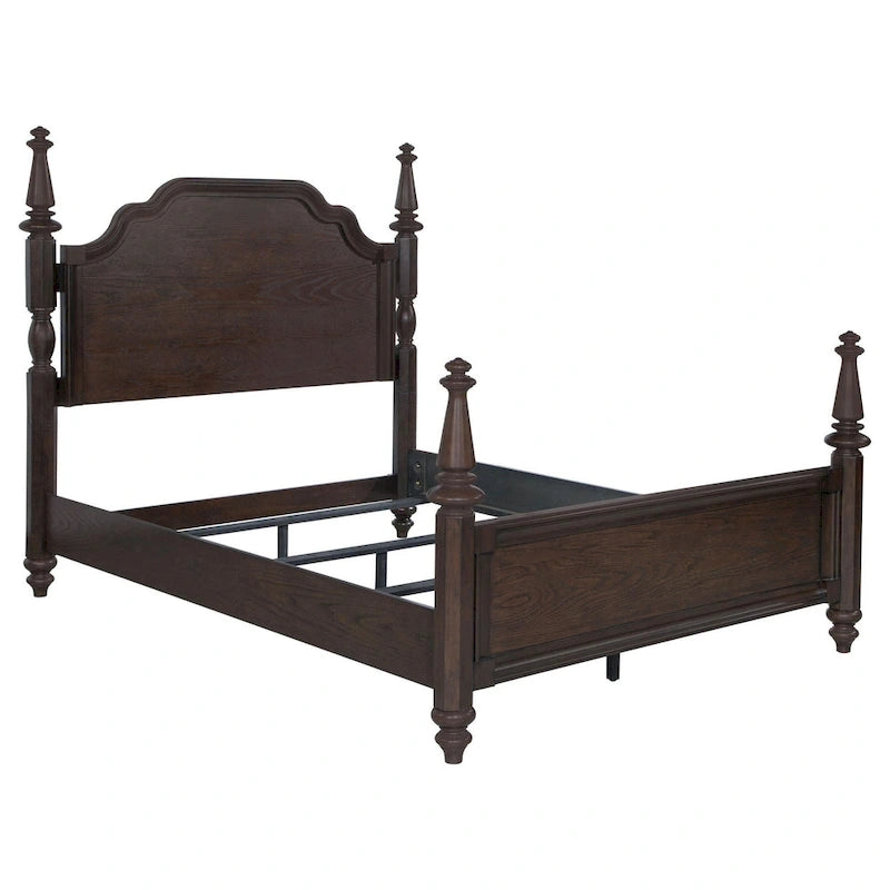 Meon King Poster Bed, Carved Headboard, Dark Oak Brown Wood