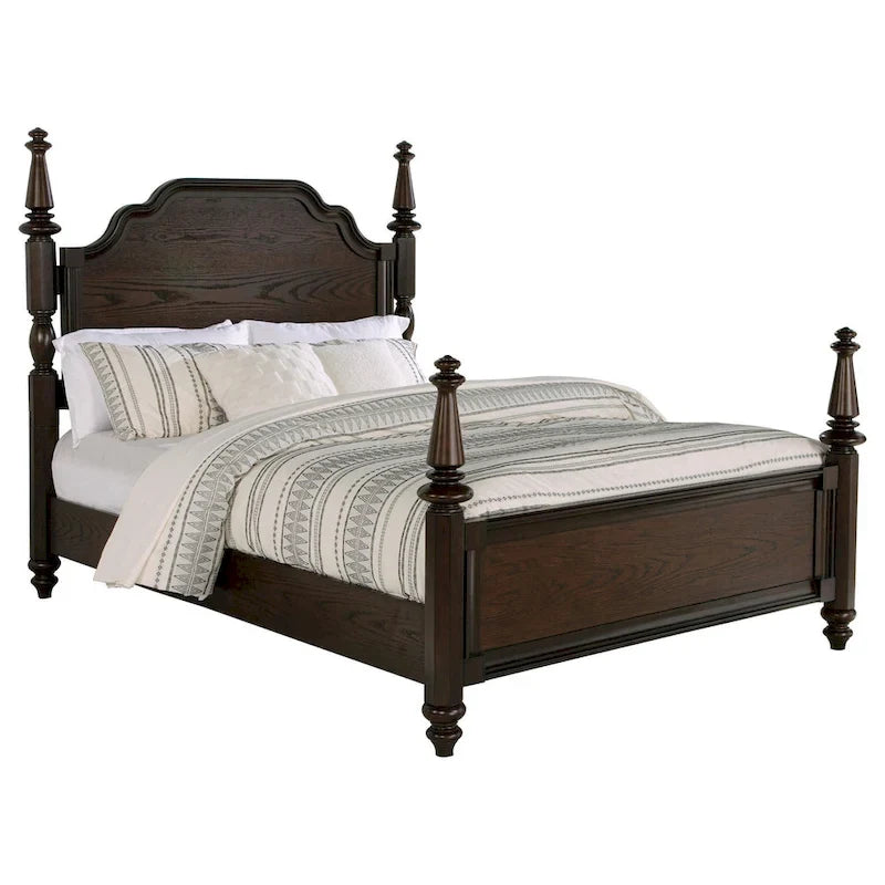 Meon King Poster Bed, Carved Headboard, Dark Oak Brown Wood
