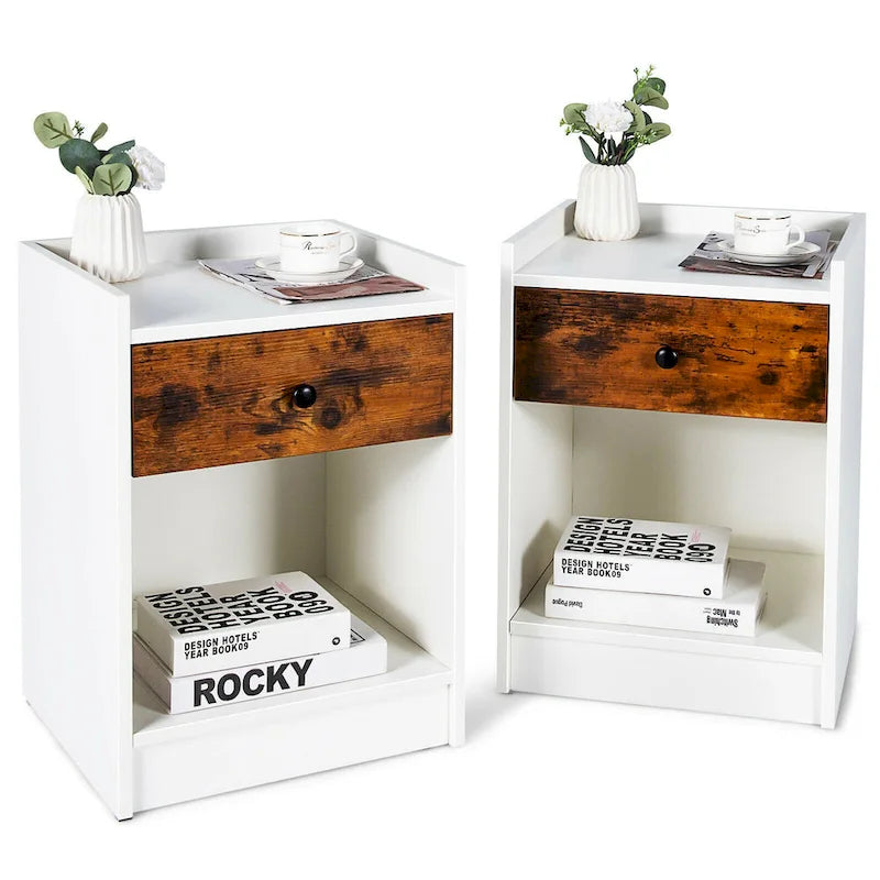 Gymax Set of 2 Nightstand with Drawer Cabinet End Side Table Raised - 17 x 16 x 42 (L x W x H)