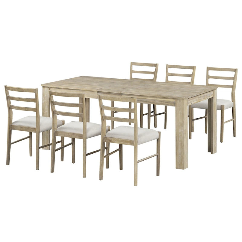 7 Piece Wooden Furniture Set, Extendable Kitchen Table Set with Leaf and 2 Drawers, 6 Upholstered Dining Chairs