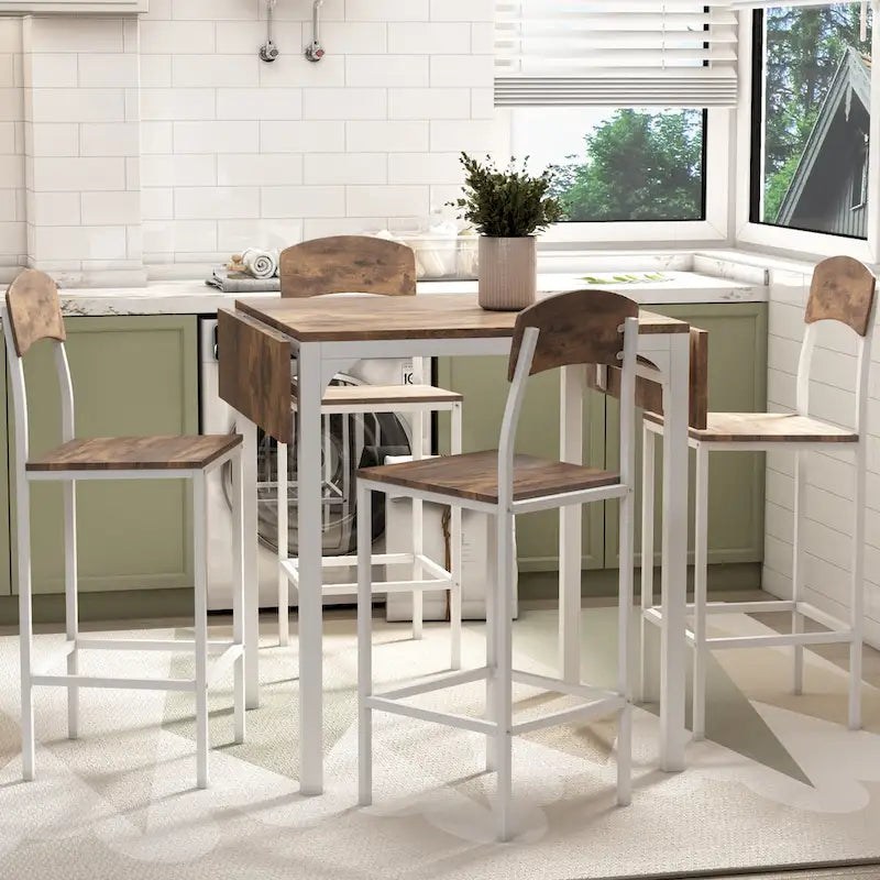 Counter Height Dining Table Set, 5-Piece Drop Leaf Dining Table Set with Drop Leaf Table and 4 High Dining Chairs