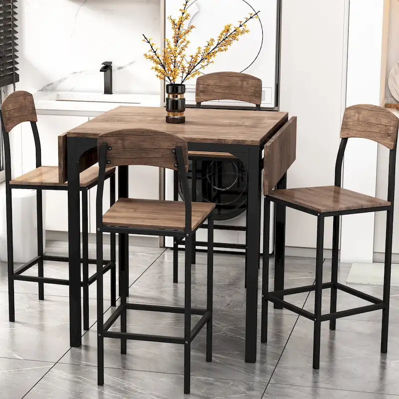 Counter Height Dining Table Set, 5-Piece Drop Leaf Dining Table Set with Drop Leaf Table and 4 High Dining Chairs
