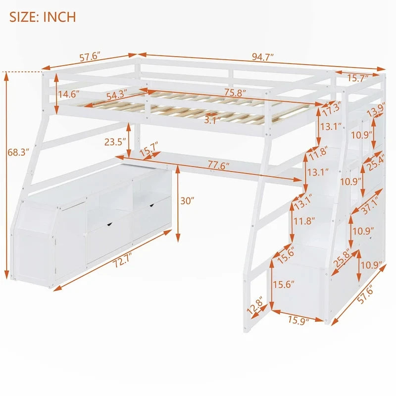 Full Size Loft Bed with Drawers and Desk