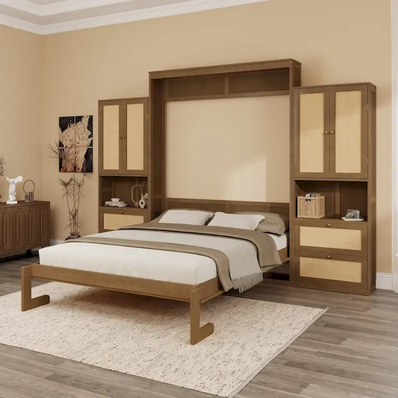 Solid Wood with Rattan Murphy Bed with Side Cabinet Storage Shelf