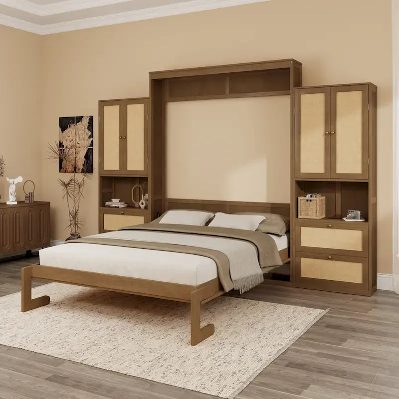 Solid Wood with Rattan Murphy Bed with Side Cabinet Storage Shelf