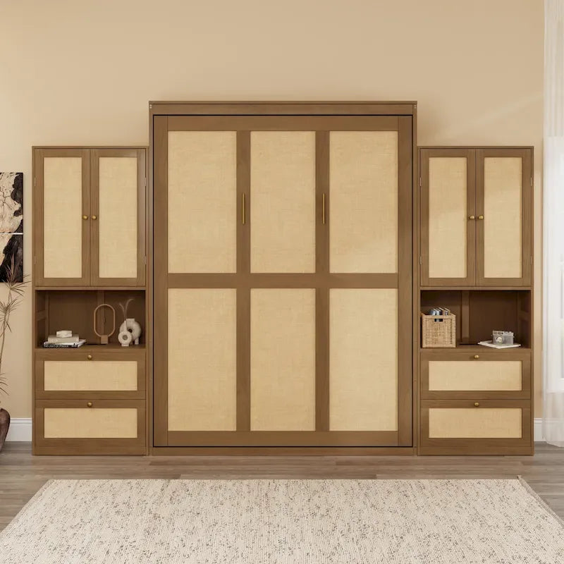 Solid Wood with Rattan Murphy Bed with Side Cabinet Storage Shelf