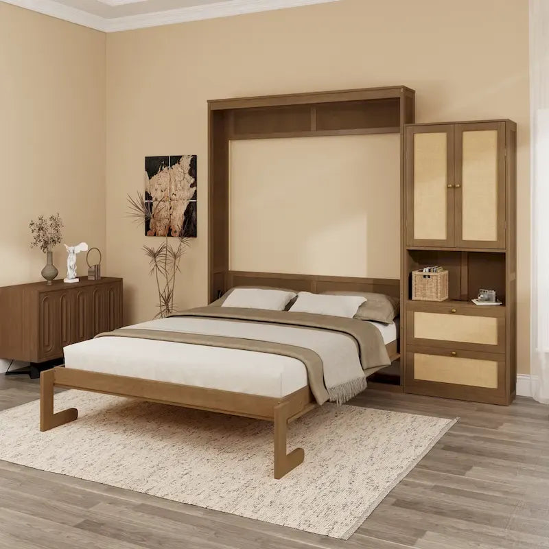 Solid Wood with Rattan Murphy Bed with Side Cabinet Storage Shelf